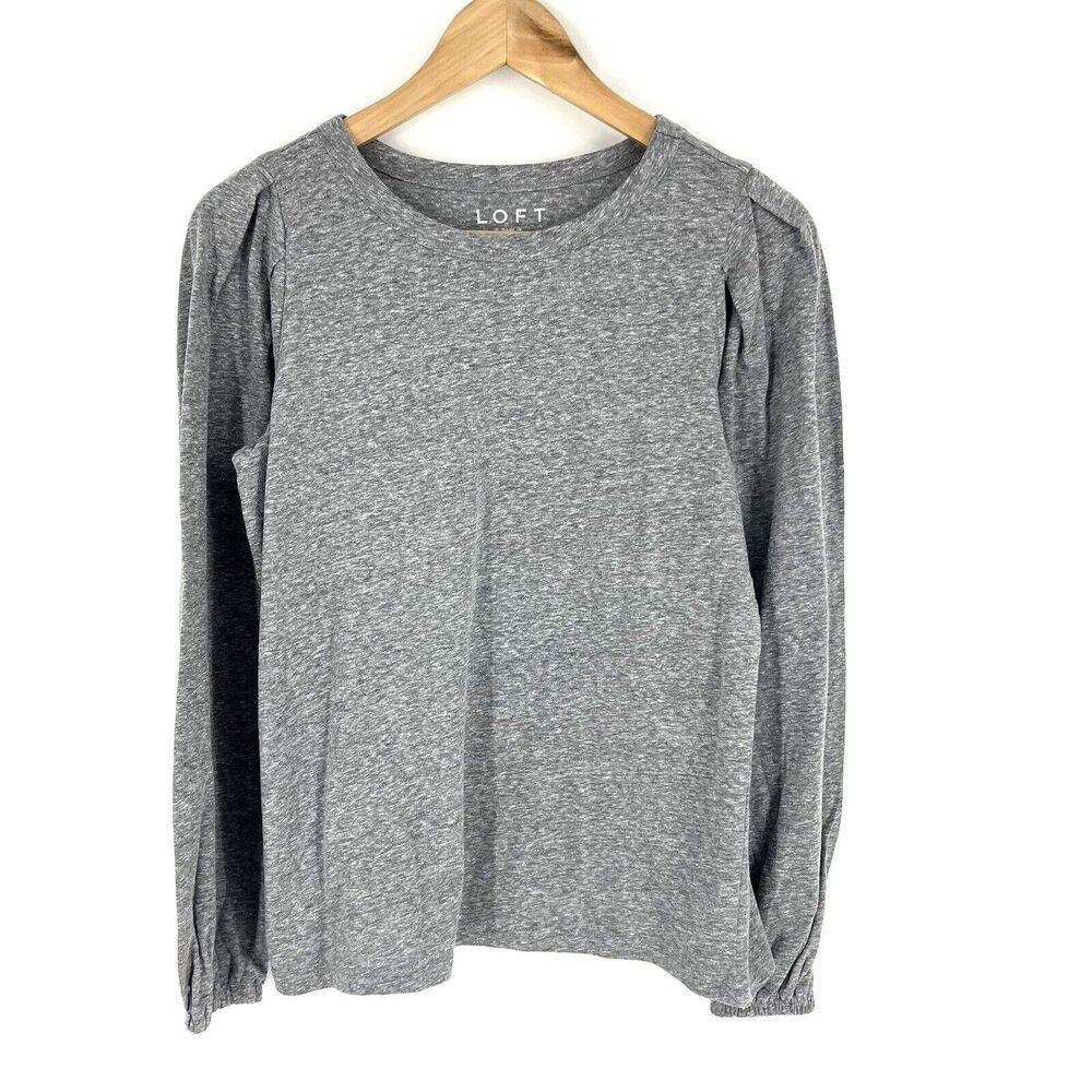 LOFT Top Size XS Womens Gray Pleated Long Sleeve Cotton Knit T Shirt Crew Tee